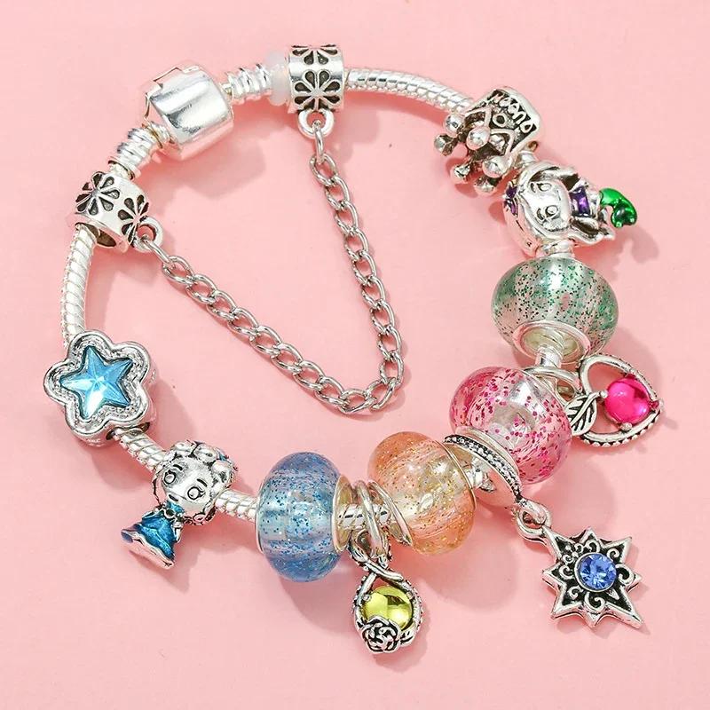 Colors Enamel Disney Princess Dress Charms Pulseiras for Girls Colorful Glass Beads Bracelets&Bangles Women Cartoon Skirt Dangle