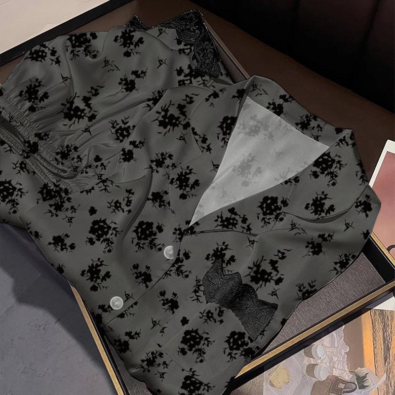 Black Floral Ice Silk Pajamas Women'S Spring Long-Sleeved Lace Lace Fashion Loungewear Set