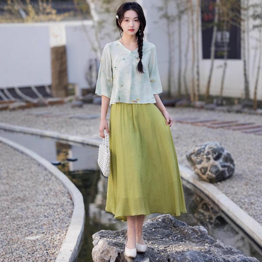 Moderner Chinesischer Zen Locker Übergröße Damen Hanfu Rock & Oberteil Set