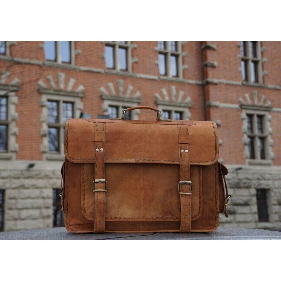 Men's Goat Leather Messenger Real Satchel Bag Inside Large Laptop Briefcase