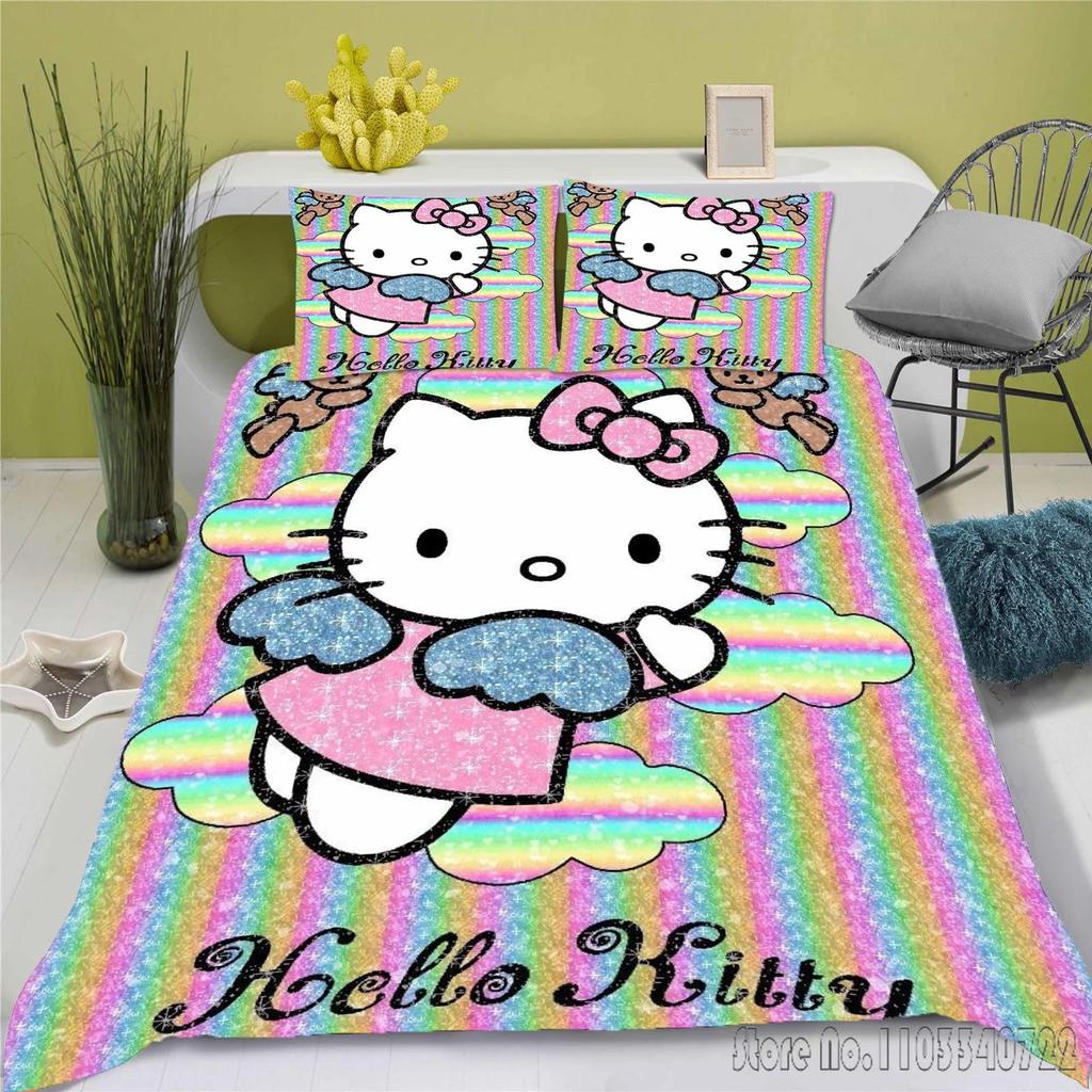 Set de Lenjerie de Pat Anime Hello Kitty Husa de Plapumă 100% Poliester Potrivit Pentru Copii Și Adulți Set de 3 Piese 1 Husa de Plapumă
