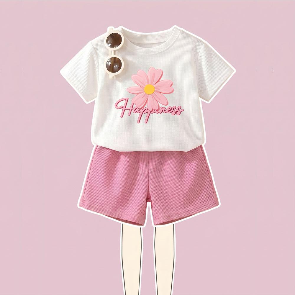 Summer Breathable Waffle Girls Fashion Outfits Kids T Shirt and Shorts 2pcs Sets Sport Running