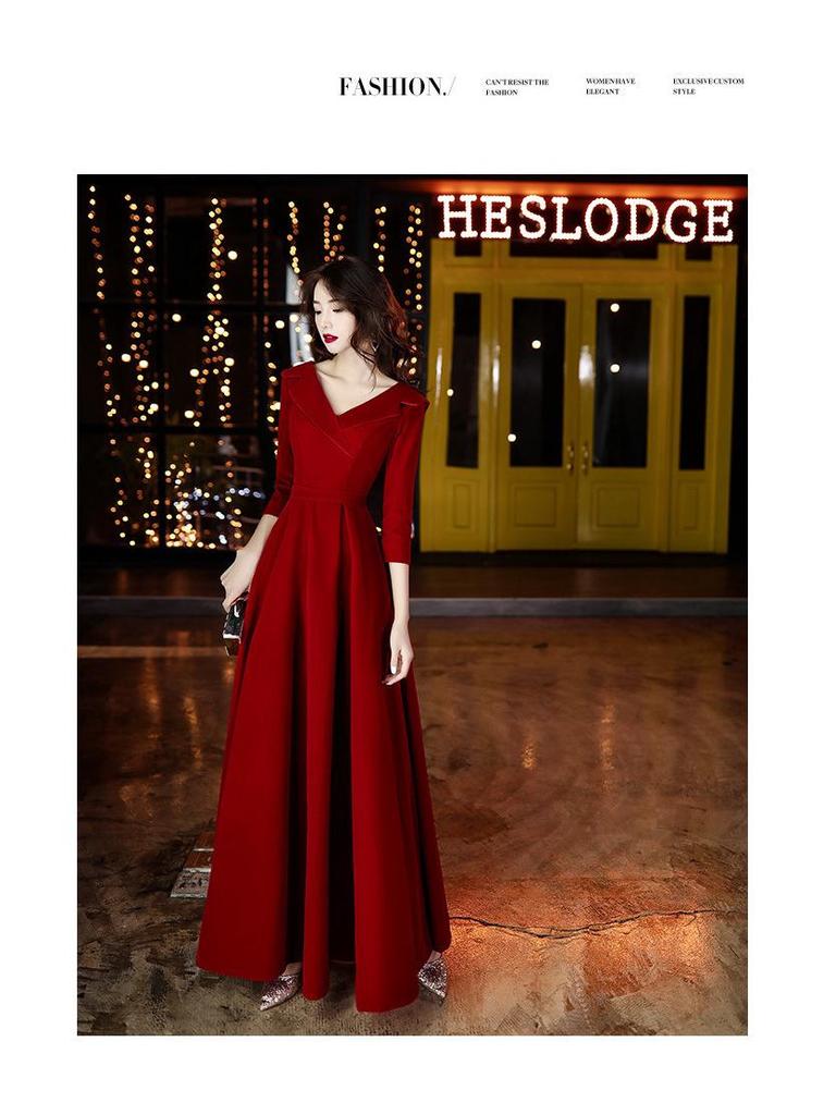 Autumn Red Wedding & Engagement Dress: Elegant Toast Dress for Brides