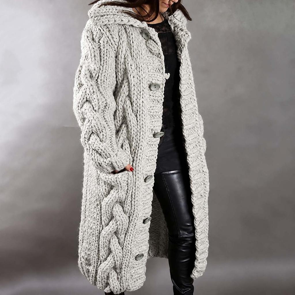Women Hood Cardigan Large Size Sweater Pocket Single Breasted Long Sleeves Coat
