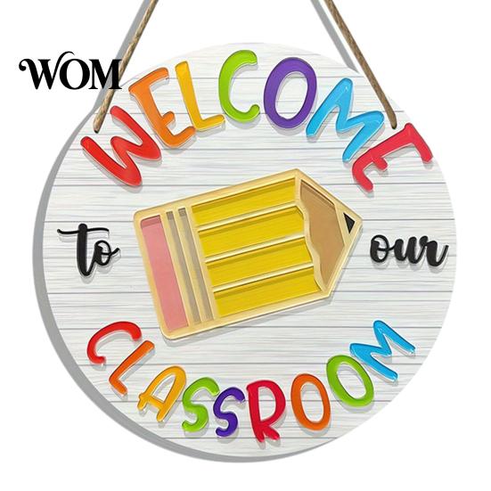 Farmhouse Classroom Sign Wooden Welcome for Door, to Our Round Smooth Surface Door Plaque Hanger, Front Hanging Sign, Back School Preschool Decoration