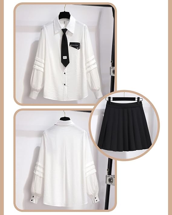 JIURUN Uniforme Escolar Lolita Conjunto de 4 Peças, Lolita Gótico Estilo Militar Fantasia de Cosplay de Halloween, Saia Plissada Blusa Vestido, Tamanho Grande XL, Preto