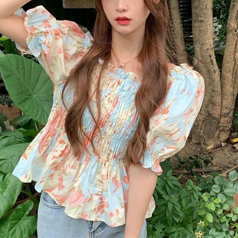 Broken Blouse French Style Puff Sleeve Summer New Sweet Slash Neck Stylish Shirring Slim Vintage Shirts