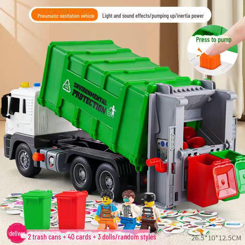 

Инерционный игрушечный мусоровоз с надувным подъемником и сортировочными контейнерами - Детская симуляция санитарии и подметания 2 barrels + 40 cards + 3 mini figures зелёный