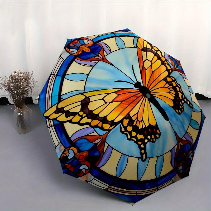 Stunning Stained Butterfly Window PanelUmbrella, Portable 3-Fold Compact Umbrella,Christmas Gift ES529