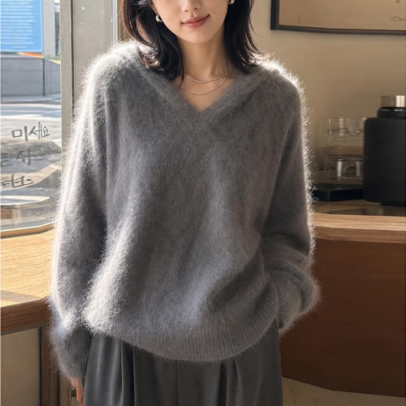 Women's Solid Color Hooded Cashmere Wool Knit Sweater - Long Sleeve Base Layer for Autumn & Winter