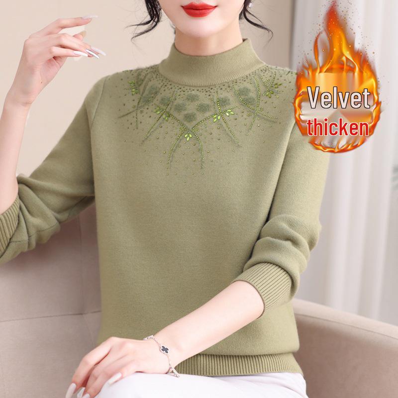 Mom's Fashionable Winter Fleece Sweater for Middle-Aged & Elderly Women: Plus Velvet, Thickened, Warm Base Layer Top