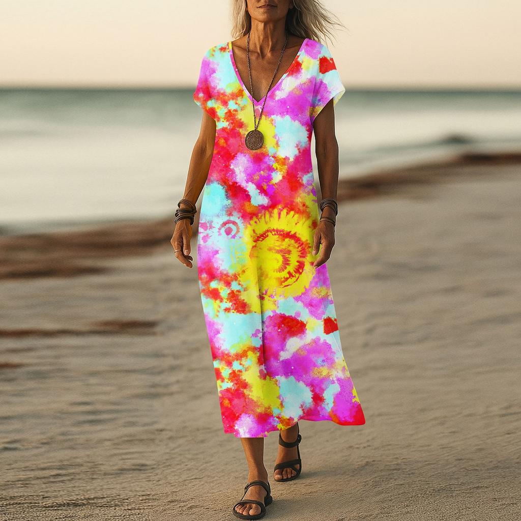 Summer Dress Women's Long Boho Beach Dress Elegant Maxi Dress V-Neck Short Sleeve Summer Tunic Dress Light Airy