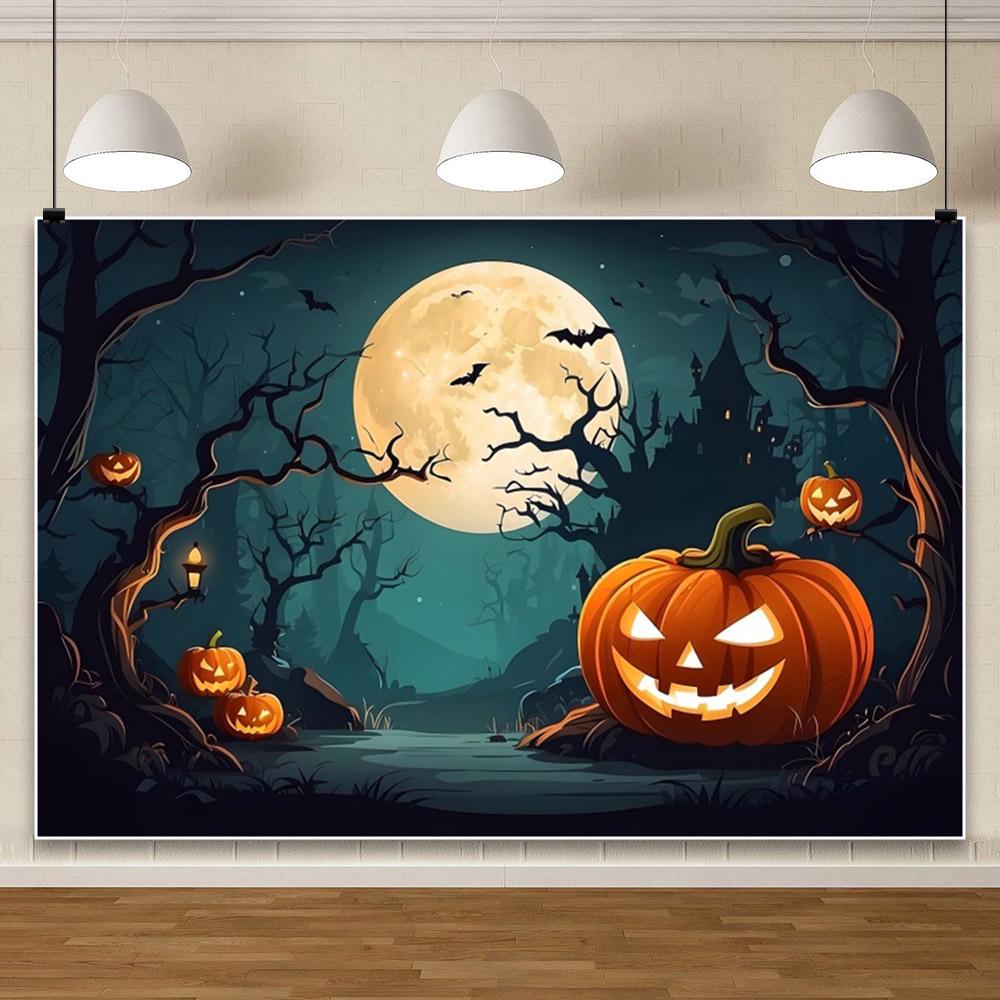 1pc Horro Halloween Party Backdrop Night Moon Gothic Castle Pumpkin Bats Banner for Halloween Themed Party Background Decoration