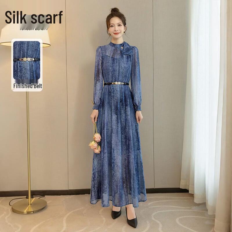 Sibaishe Ink Dye Print Elegant Long Sleeve Midi Dress L