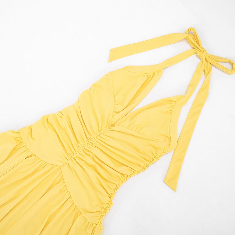 J26DS080 European & American Women's V-neck Tie-up Slit Dress - Spring/Summer Collection