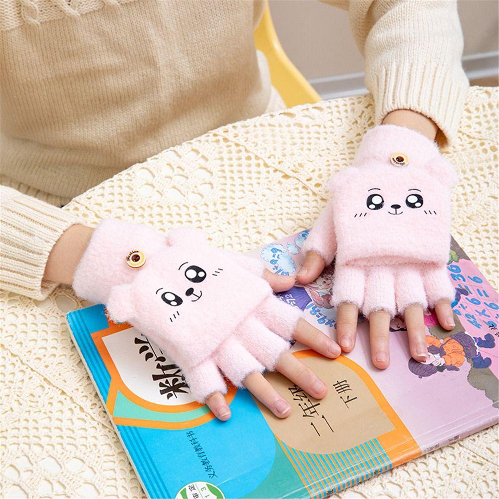 Half Finger Flip Cover Student Mittens Thick Plush Riding/Writing Gloves Knit Gloves 3-12Years