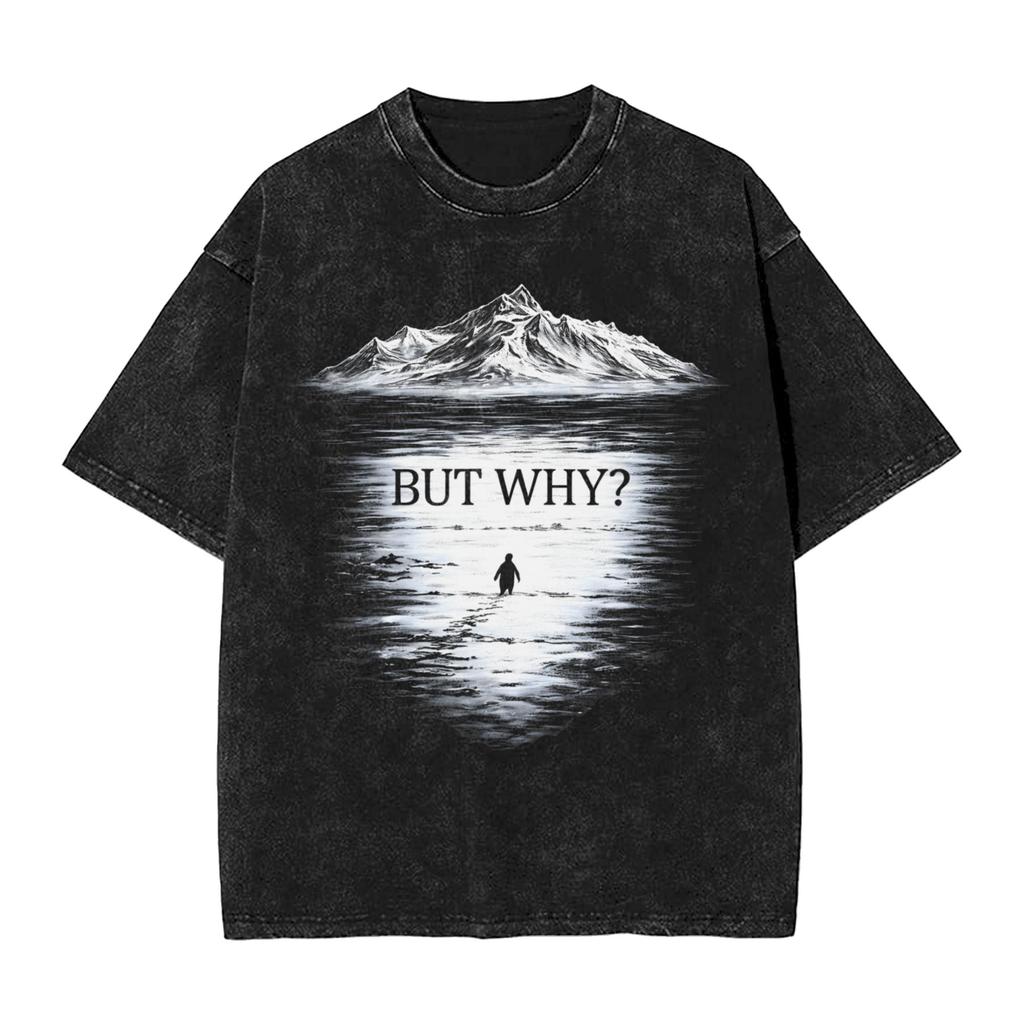 Streetwear Washed Tshirt Lone Penguin Survival But Why Funny Dark Meme Cotton Tshirts Hipster Tshirt Men Beach Y2k Basic Tees