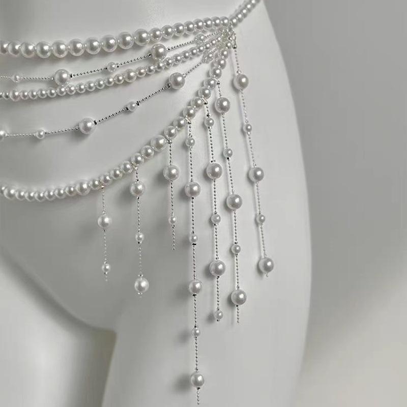 Adjustable Fit Multilayer Pearl Waist Chain 1Pc Retro Y2K Designer Women's Belt for All Body Types Daily Wear