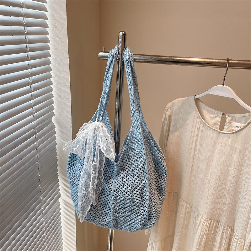 Women Crochet Tote Candy Bag Fashion Knitted Large Capacity Woven Shoulder Bags Solid Color Simple Shopping Bag for Summer Beach