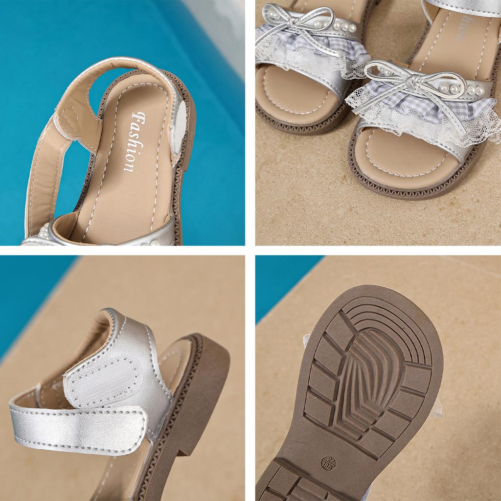 Girls Open Toe Sandals Lace Pearl Bowknot Decoration Adjustable Strap Comfortable Sole Casual Footwear for Little Girls