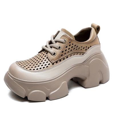 Fashion 7CM Women Chunky Platform Shoes Summer Hollow Out Breathable Genuine Cow Leather Round Toe Thick High Heel Casual Shoes