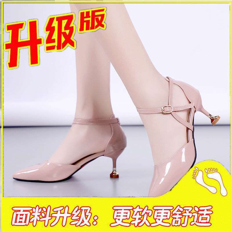 Korean version 2025 summer new pointed patent leather thin heel high heel sandals middle heel bag head one-word buckle sexy and thin women's shoes