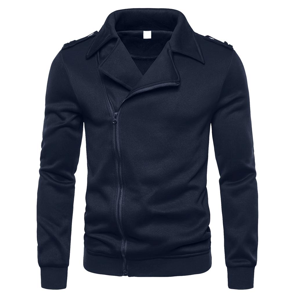 Mens Lapel Collar Motorcycle Jacket, Asymmetric Zipper Long Sleeve Casual Outerwear for Daily Wear