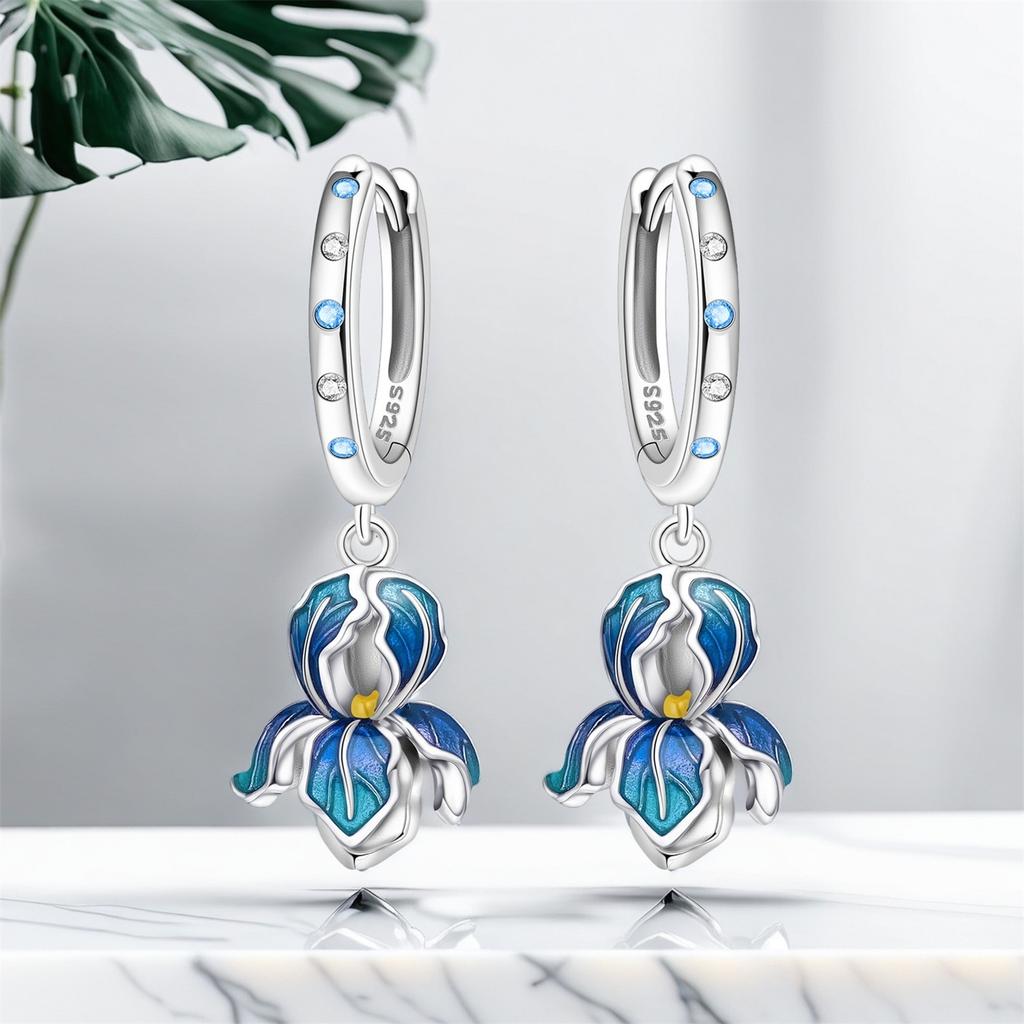 925 Silver Blue Iris Flower Drop Earrings Women Earrings Charm Fashion Versatile Party Jewelry Gifts