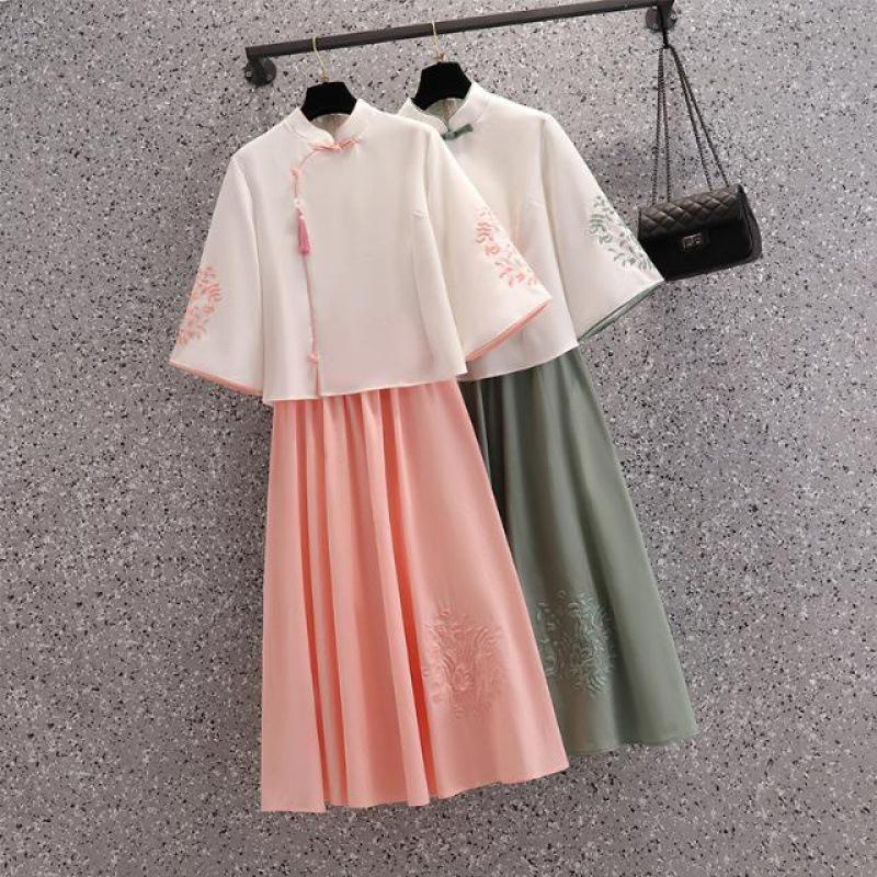 Modern Chinese Tang Suit Hanfu Tea Set: Seven-Sleeve Embroidered Skirt Outfit for Summer