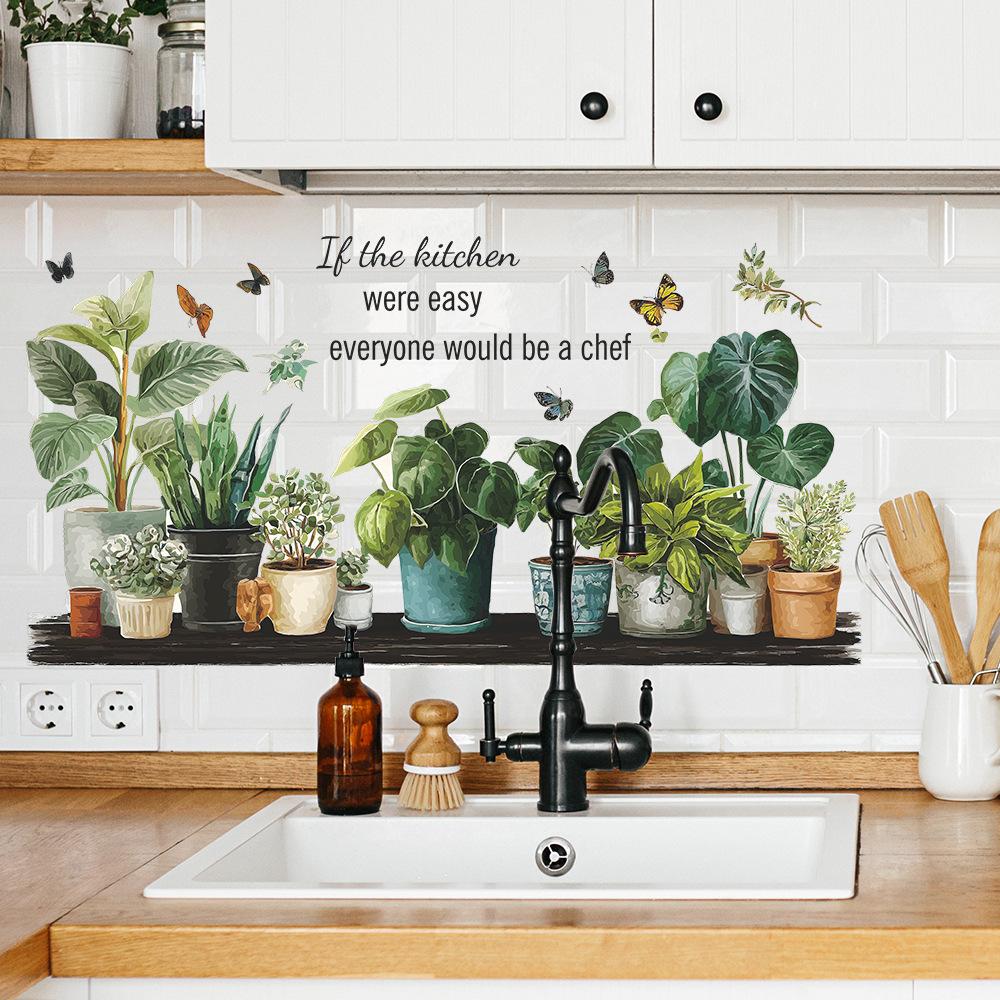 Green Plants, Potted Butterflies and English Slogans, Wall Stickers for Study and Living Room Decoration