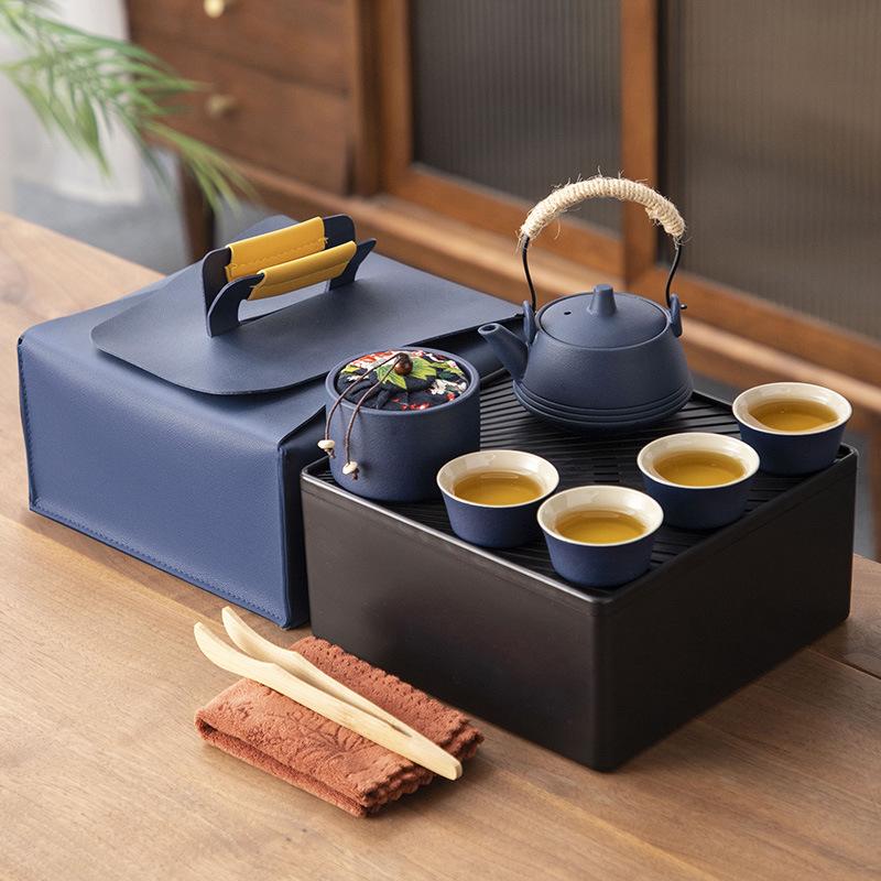 Japanese-style black pottery outdoor portable travel tea set, beam pot, dry tea tray, business company gift