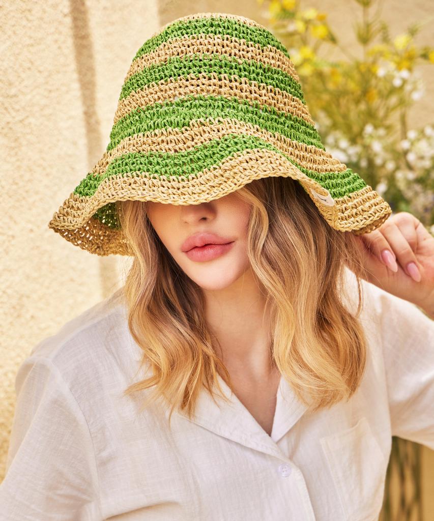 Bajal Striped Paper Bucket Hat Green