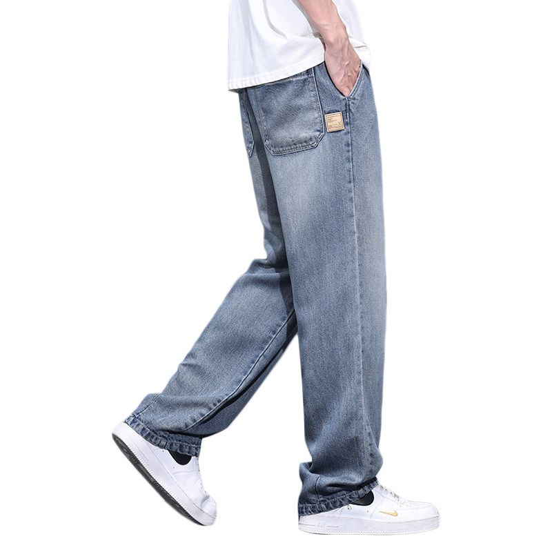 Men s Tencel Ultra-Thin Casual Jeans 2024 Summer New Straight Loose Floor-Length Wide-Leg Pants for Men Dark Blue L