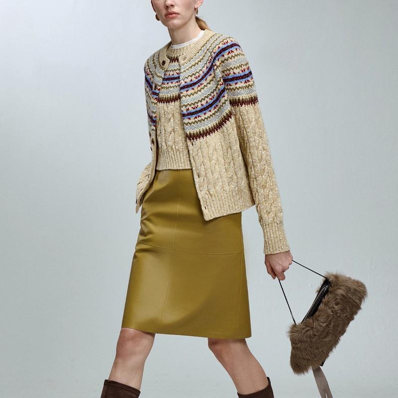 Vintage Wool-Cotton Cable Knit Cardigan – Mélange Fancy Yarn Winter Sweater, Round Neck, Long Sleeve