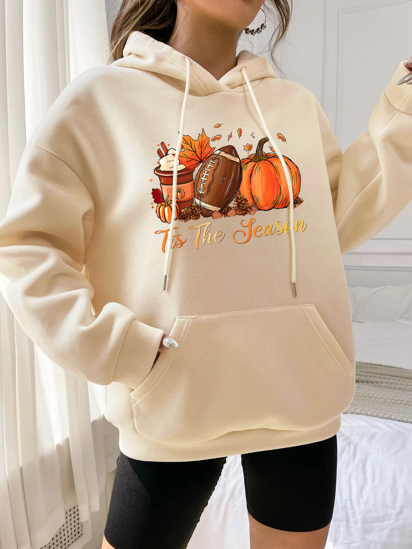 

Женский флисовый свитер с пуховыми рукавами больших размеров с принтом тыквы в стиле регби и карманом-кенгуру, с капюшоном и завязками 5XL абрикосовый