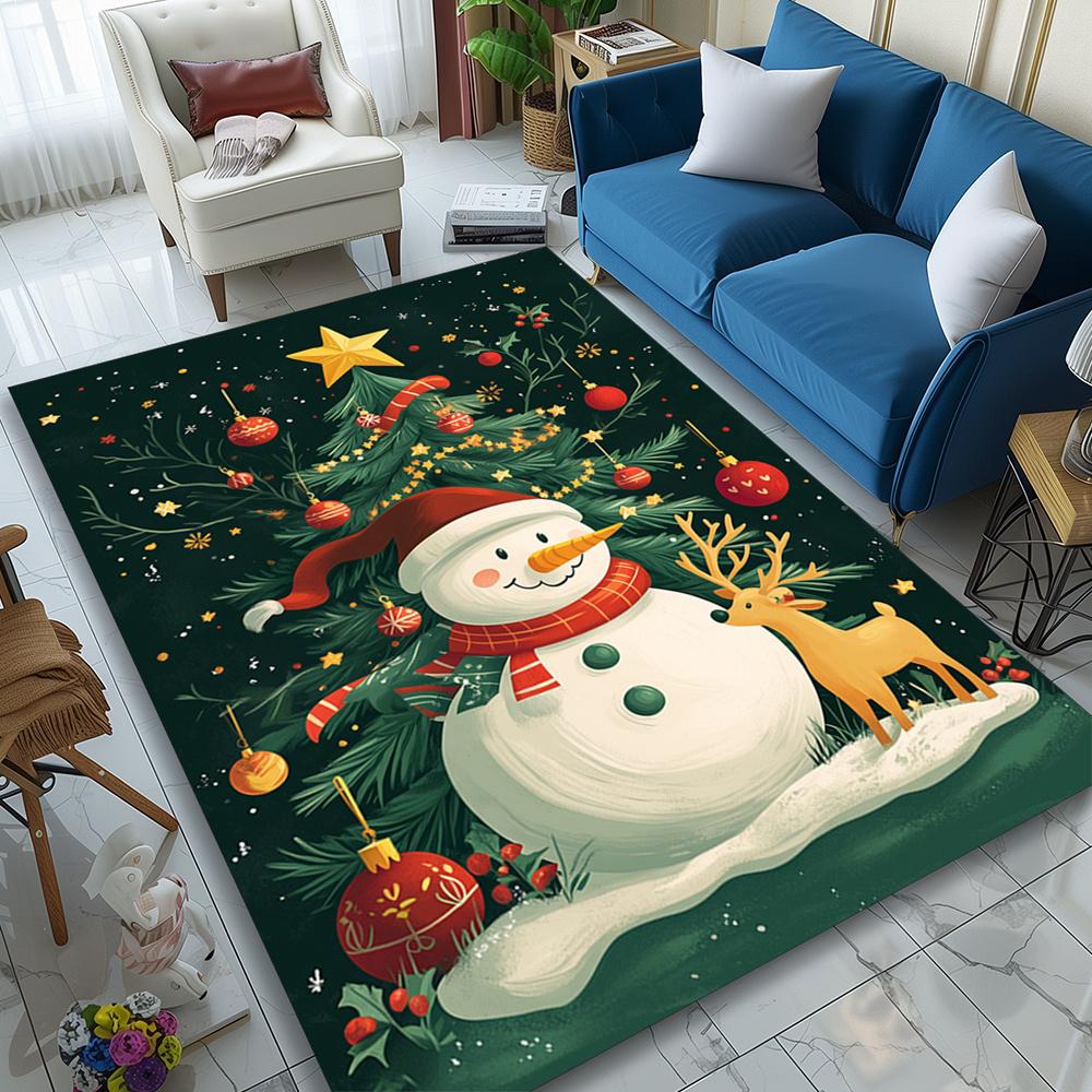 Christmas Snowman Polyester Area Rug - Durable Crystal Velvet, Large Seasonal Decorative Carpet for Bedroom, Living Room, Readin
