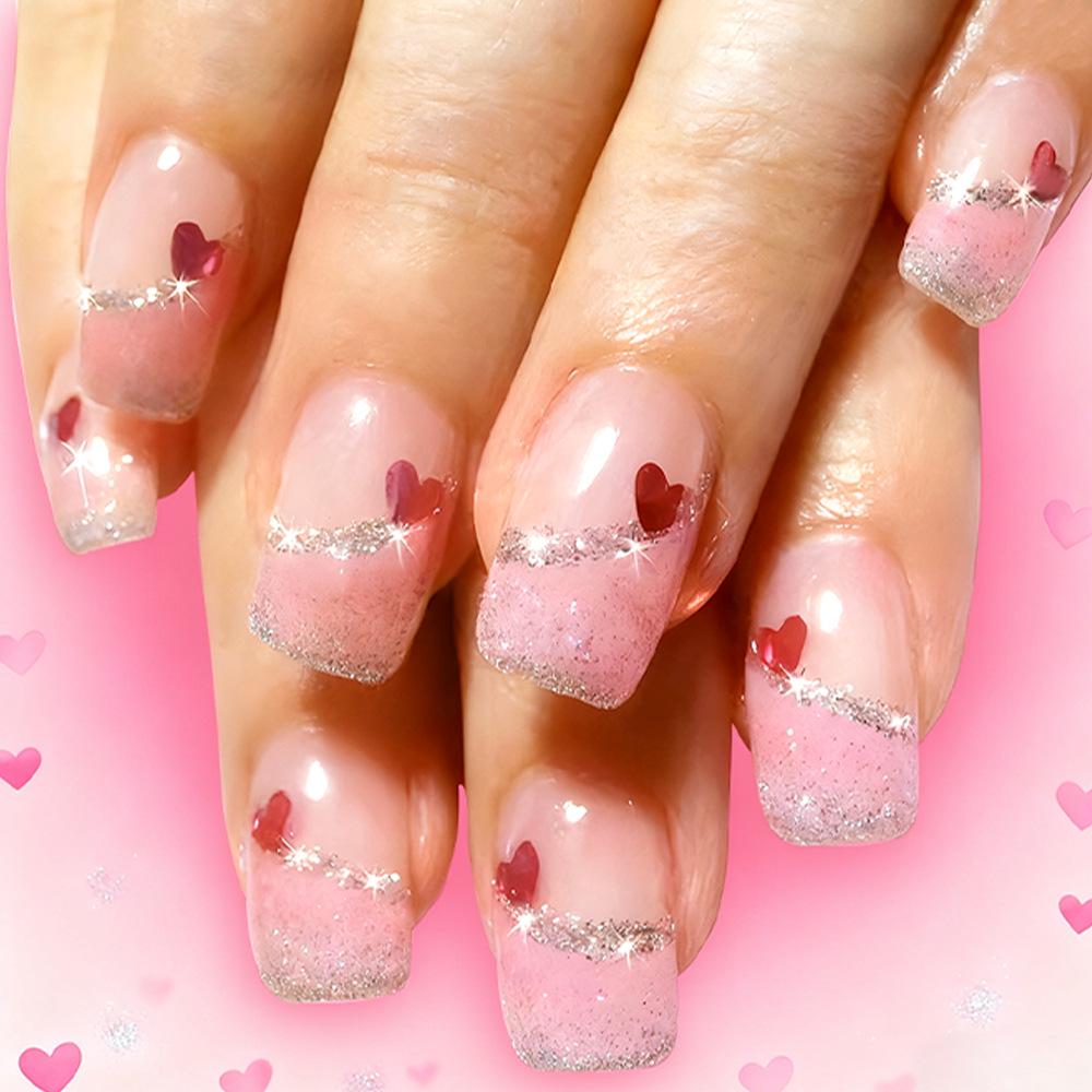 Valentine s Day Heart Glitter Striped Press-On Nails – 24-Piece Glossy Set