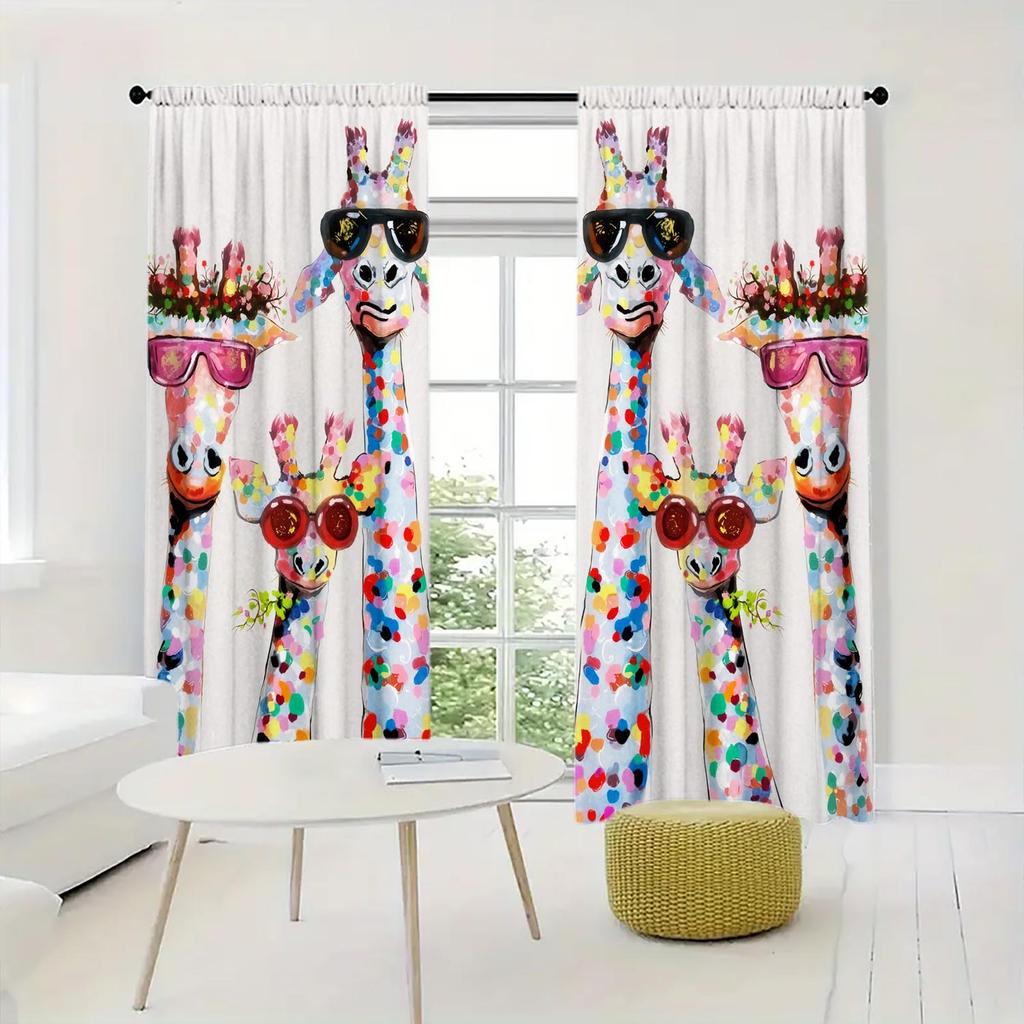 Panelscartoon Giraffe Semi Curtains Versatile Design Suitable Any Style Creating Peaceful Living Space Room Darkening Made Of Polyester