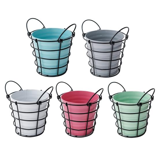 Storage Bucket with Iron Frame Hanging Planter Basket Balcony Flower Pot Hanger Home Decoration Vase with Handle for Living Room Courtyard