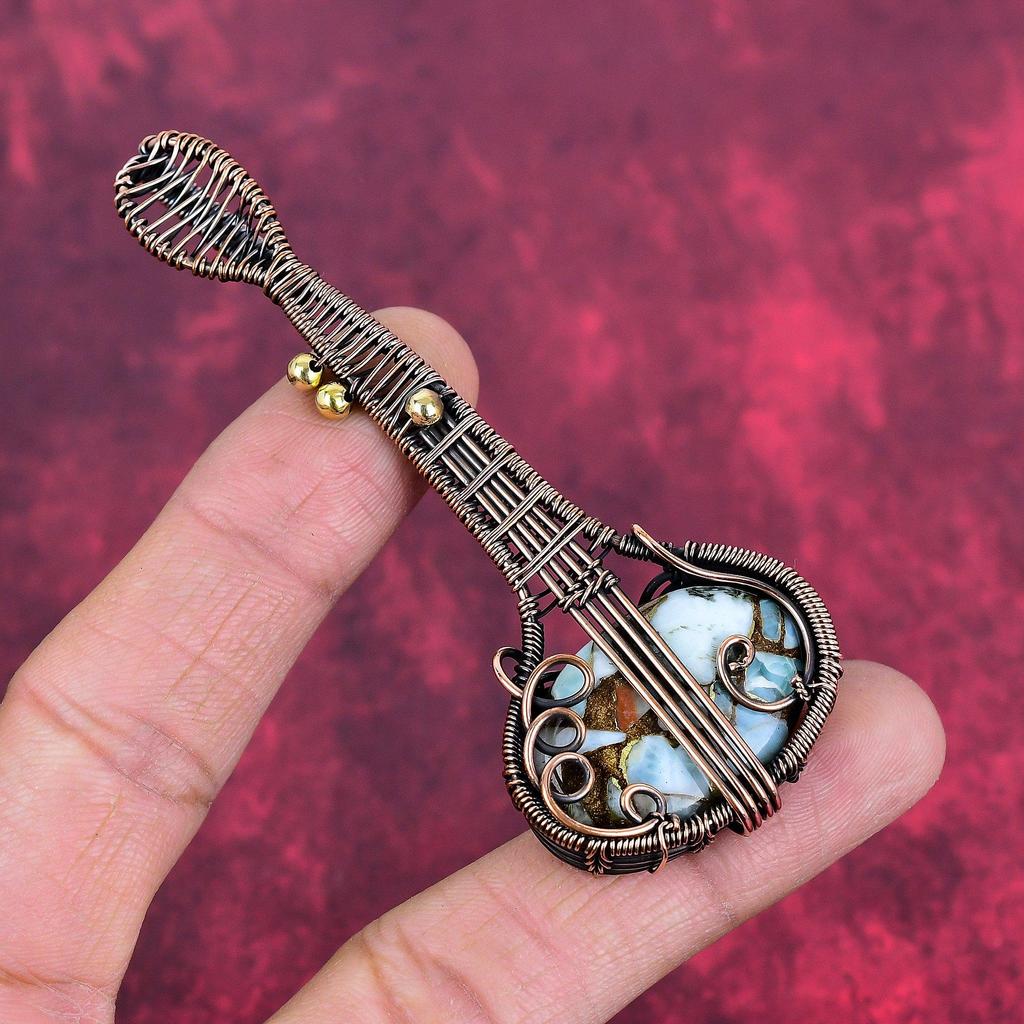 Copper larimar pendant copper wire wrapped jewelry guitar gemstone pendant copper wire wrap pendant handmade unique jewelry gifts for mother