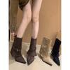 Wasteland Suede Pointed Belt Buckle High-heeled Short Boots Women's Thin Thin-heeled Trouser Tube Boots Medium Boots