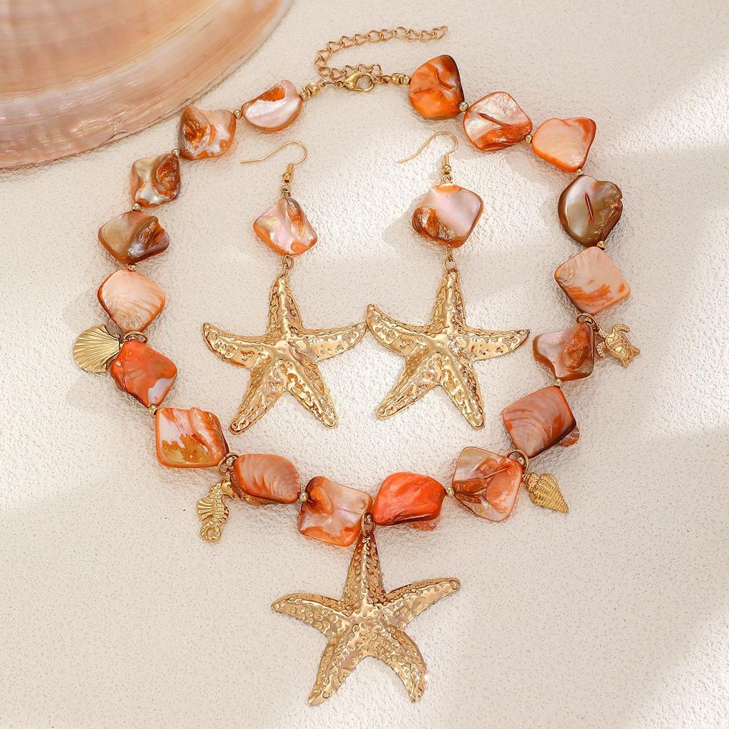 Boho Ocean Style Starfish Pendant Necklace and Drop Earring Set Irregular Natural Shell Beads Sea Animal Charms Women Beach Vacation Matching Jewelry