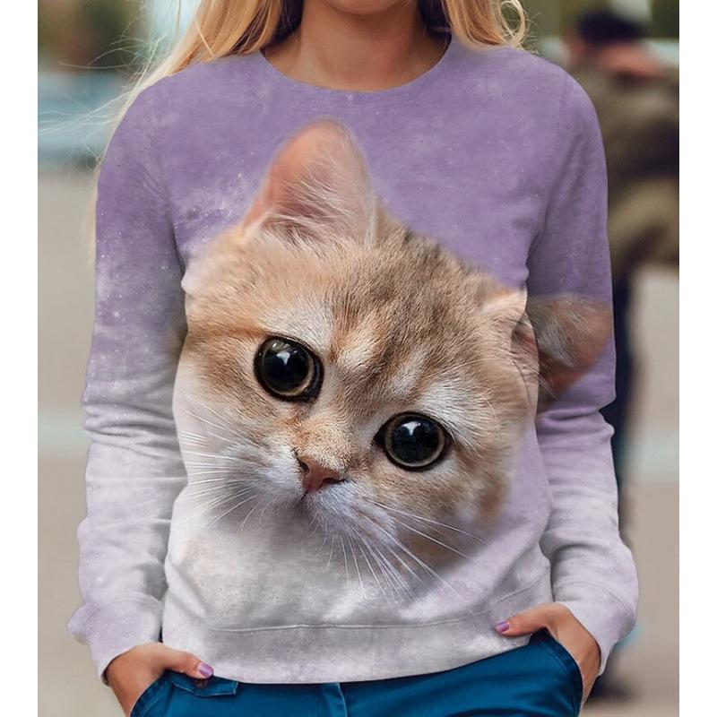 Höst 3D Katt Tryckta Sweatshirts Trendiga Casual Sport Långärmade Dam Sweatshirts