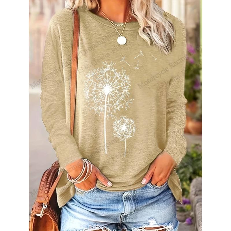 Floral Dandelion 3D Print Round Neck Long Sleeve T-shirts Fashion Casual Vintage Tops