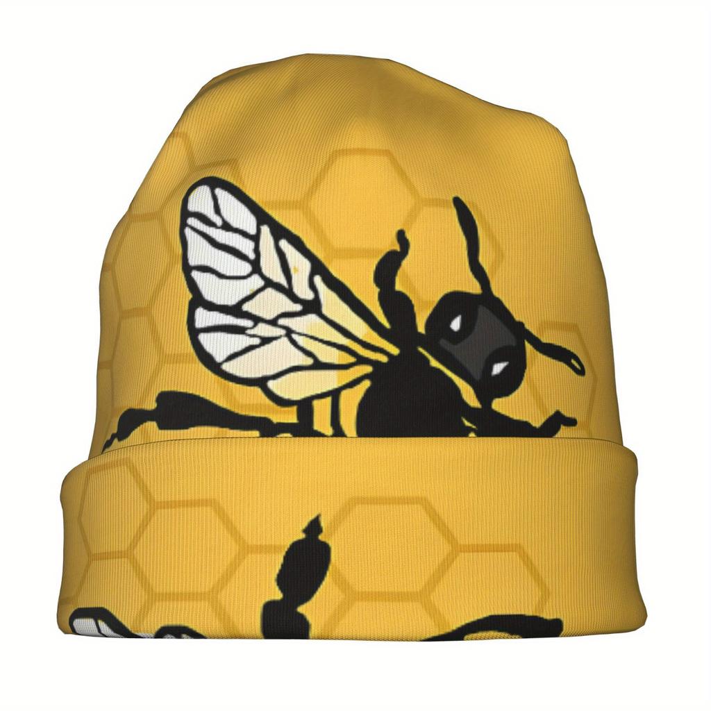 Just A Bee Men'S Knit Skull Cap - Mustard Yellow Bee & Honeycomb Design, Stretchy Comfort Fit, Trendy Novelty Beanie For Casual