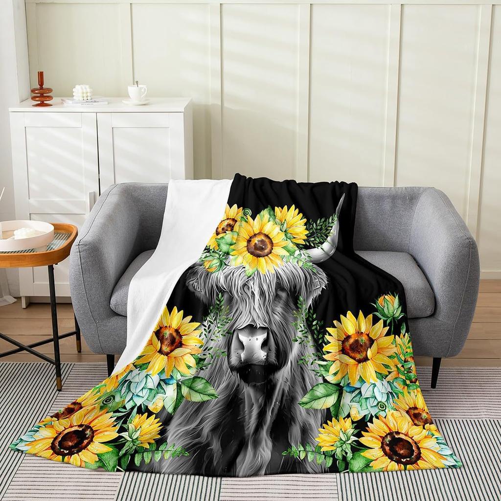 Sunflower Heights Cattle Digital-printed Polyester Bedroom Velvet Flannel Soft Sofa Cover Blanket Fleece Soft Sofa Cover