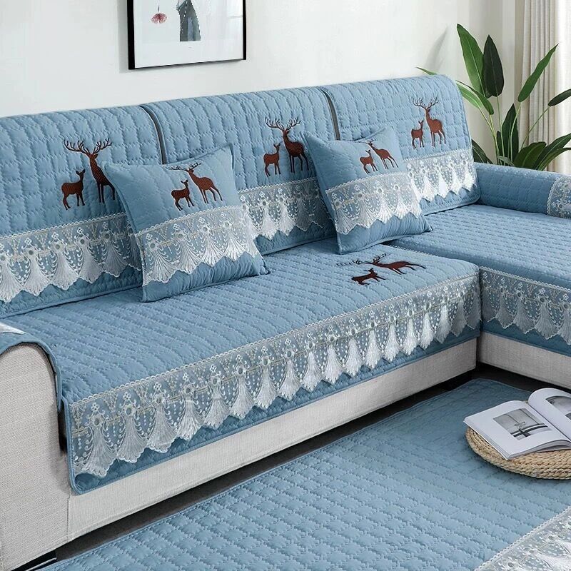 

Подушка для дивана Чистый хлопок Серый на все сезоны Нейтральный Нескользящий Минималистичный Современный Гостиная Тканевая Подушка Подлокотник Спинка Полотенце Наволочка Embroidered deer sky blue 70*70cm(1)