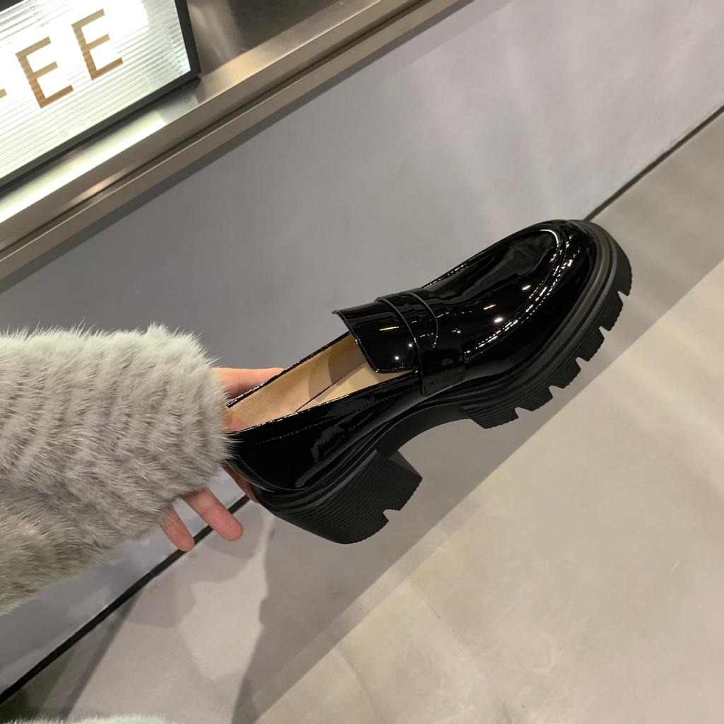 Sheepskin~ Thick Sole Heightening One Pedal Lazy Thick Sole Loafers Women's Leather Thick Heel British Style Muffin Small Leather Shoes