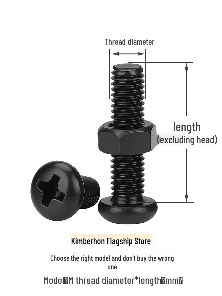 Complete Set of Black 304 Stainless Steel Phillips Round Head Screws and Nuts - M2M3M4M5M6MM.