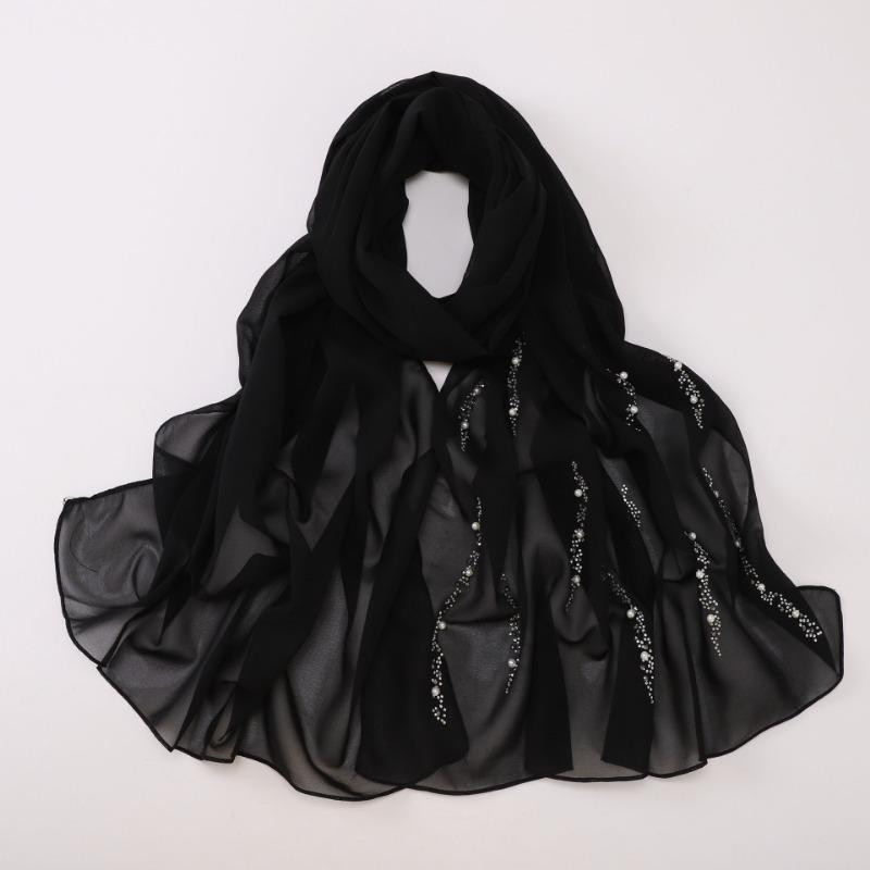 Chiffon Long Scarf With Rhinestones Beads Ethnic Headscarf For Women